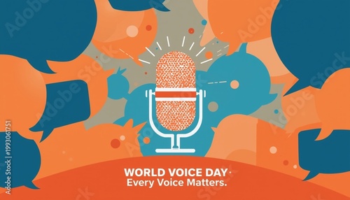 World Voice Day creative banner featuring professional microphone icon with abstract speech bubbles and geometric patterns