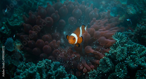 A cinematic shot capturing the movement of a Clownfish as it 