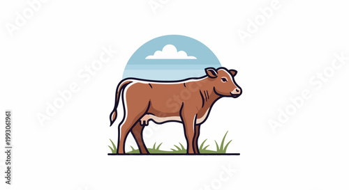 Brown cow standing in grass with a blue sky and cloud