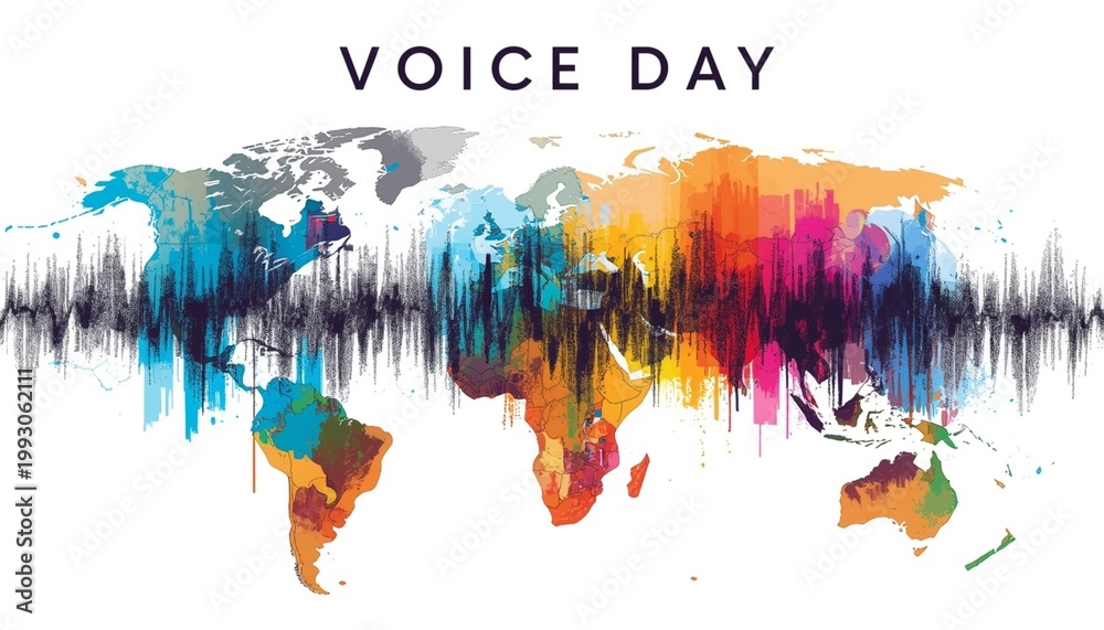Fototapeta premium World Voice Day banner with colorful watercolor world map and digital sound frequency wave on white background