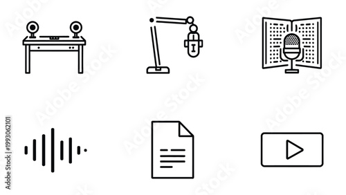 Podcast Essentials: A minimalist outline arrangement, presenting a spectrum of vital podcast elements. It includes audio console, microphone, and a sound wave visualization
