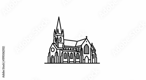 Stylized line art of a grand church with a tall spire and arched windows