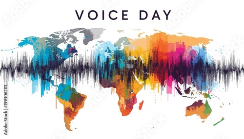 World Voice Day banner with colorful watercolor world map and digital sound frequency wave on white background
