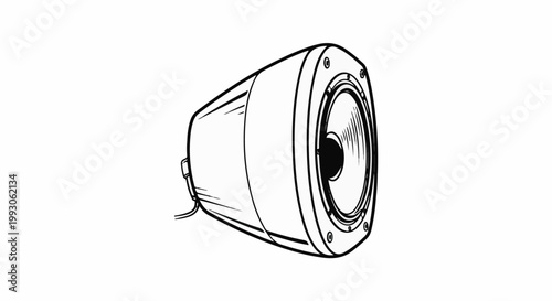 A black and white sketch of a single horn speaker with wires