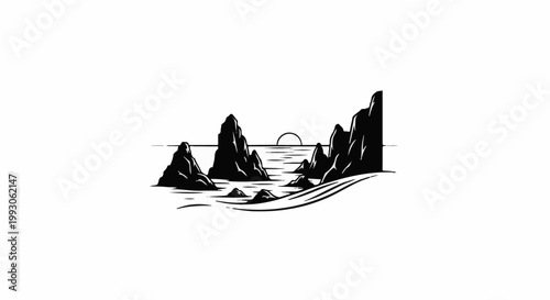 Stylized graphic of rocky coast with setting sun over water