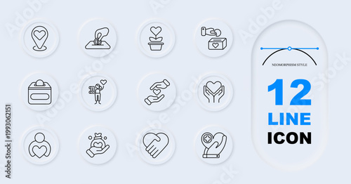 Charity support set icon. Line style icons display location heart, donation box, plant, voting box, storage container, volunteer person, helping hand, caring hands, person heart