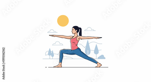 Woman practicing yoga warrior pose outdoors with sun and trees