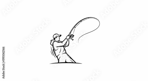Stylized illustration of a fisherman with a bent rod and line