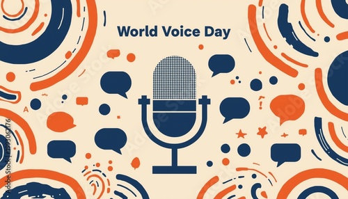 World Voice Day celebration banner with professional microphone icon and abstract speech bubble patterns on creative background