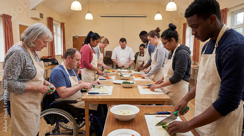 Diverse cooking class preparing vegetables in shared kitchen with wheelchair user older adult students supporting inclusive culinary education teamwork healthy eating life skills for program promotion