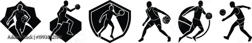 Silhouettes of women female basketball players in action. Set of dynamic poses including dribbling, shooting, and dunking. Ideal for sports graphics, design, or educational use.
