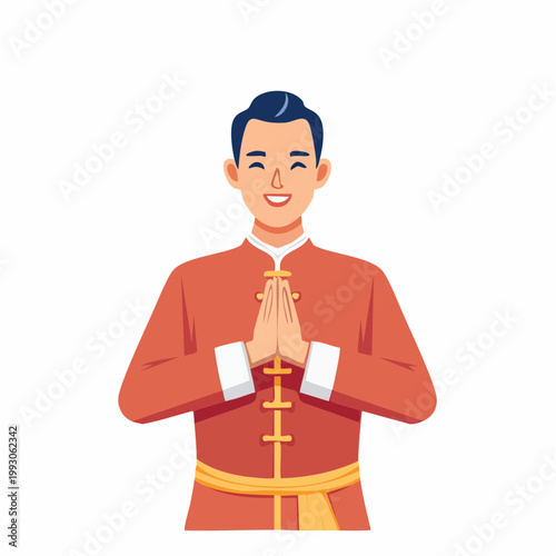 Man in Traditional Asian Attire Offering a Greeting