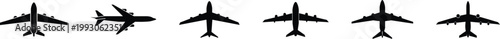 Passenger airplane illustrations shown in both black silhouette and line art outline styles from various angles including landing takeoff and front view set