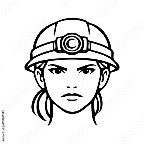 Logotipo con dibujo minimalista con líneas de la cara de una mujer con casco de minero con linterna frontal, con expresión decidida 