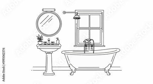 Vintage bathroom scene with a clawfoot tub, pedestal sink, and window