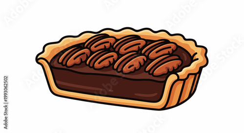 A cartoon-style rectangular pie filled with chocolate and topped with pecans