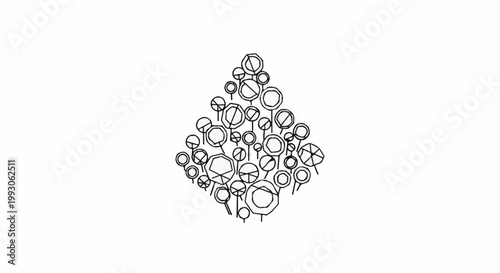 A cluster of stylized, geometric, outlined trees forms a dense, rounded shape