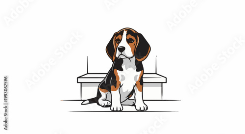 A tri-colored beagle puppy sits patiently, looking forward with a thoughtful expression