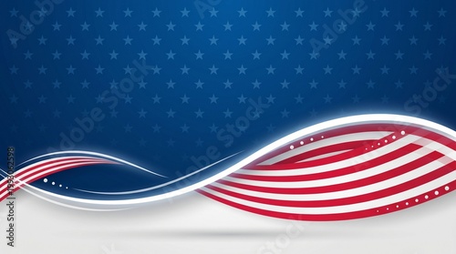 Abstract patriotic background with flowing red white and blue flag inspired design and stars