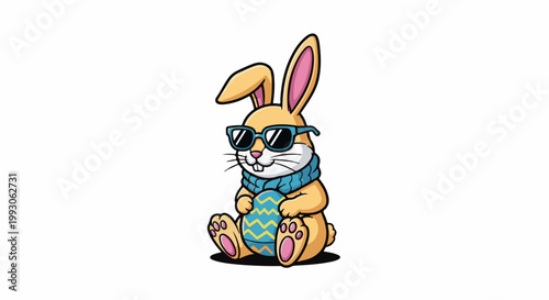 Cool bunny in sunglasses and scarf holds a decorative egg