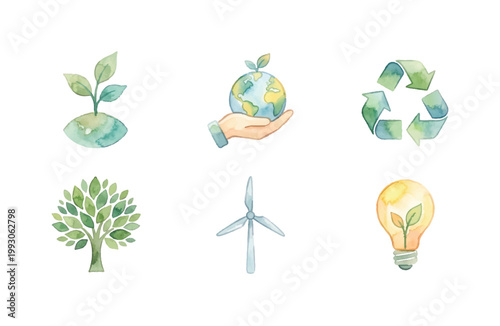 Eco Friendly Watercolor Icons Set for Sustainability and Nature Concepts
