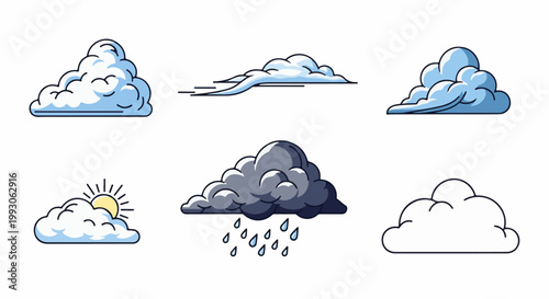 Six stylized cloud icons depict various weather conditions, including sunny and rainy
