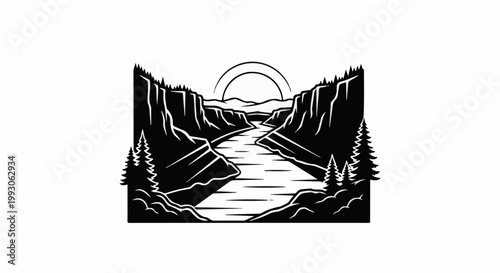 Stylized black and white illustration of a sun setting over a river canyon