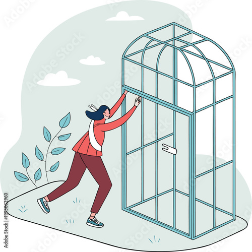 woman breaking free from cage, escaping glass prison, freedom illustration, empowerment concept