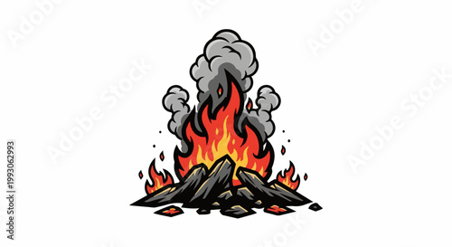 Stylized illustration of a roaring campfire with dark logs and billowing grey smoke