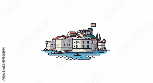 Stylized illustration of a fortified coastal town with a flag on a white background