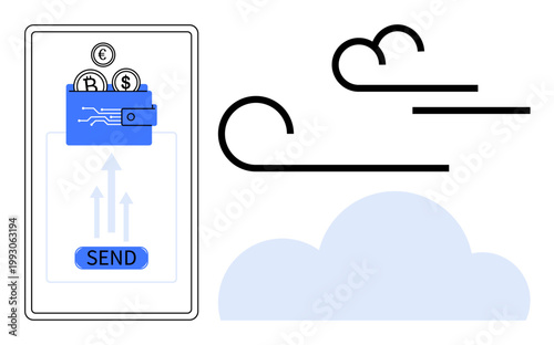 Financial technology, e-commerce, digital wallets, mobile payments, cloud computing, online banking. Smartphone with wallet and currency symbols. Financial technology and e-commerce concept