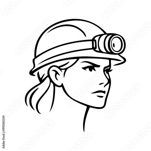 Logotipo con dibujo minimalista con líneas de la cara de una mujer con casco de minero con linterna frontal, con expresión decidida