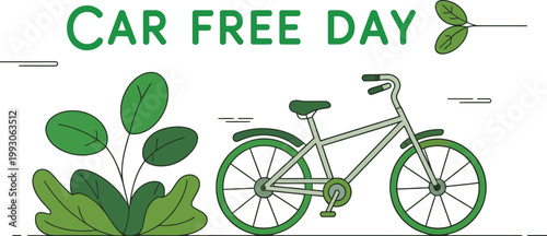 Eco friendly transport concept, car free day vector illustration, bicycle surrounded by green plants and nature elements, sustainability and clean environment themed design for posters, campaigns.