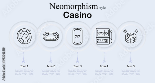 Casino gambling set icon. Poker chip spade, roulette wheel table, slot machine jackpot, slot lever game, stack chips money, betting entertainment, gambling industry