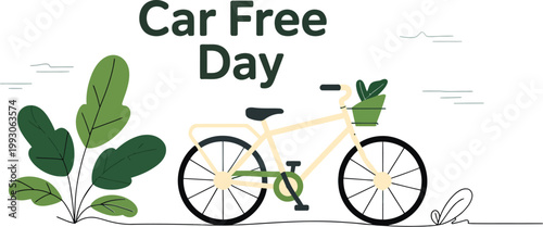 Eco friendly transport concept, car free day vector illustration, bicycle surrounded by green plants and nature elements, sustainability and clean environment themed design for posters, campaigns.