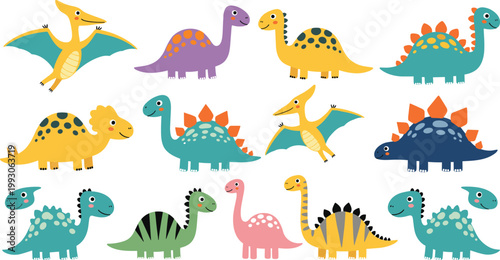 Cute Dinosaur Illustration Set Featuring Colorful Dinosaurs, Pterodactyls, and Stegosaurus in Playful Poses for Kids' Educational and Fun Design Projects.