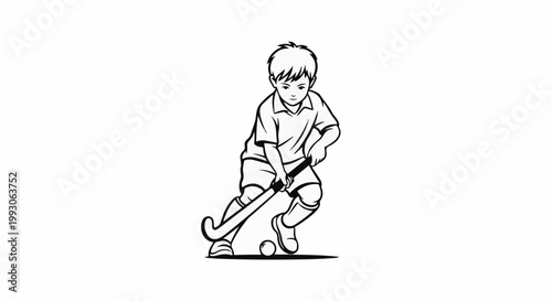 Young athlete skillfully plays hockey, dribbling ball with stick