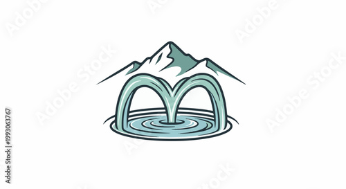 Mountain peaks overlook a stylized fountain with flowing water