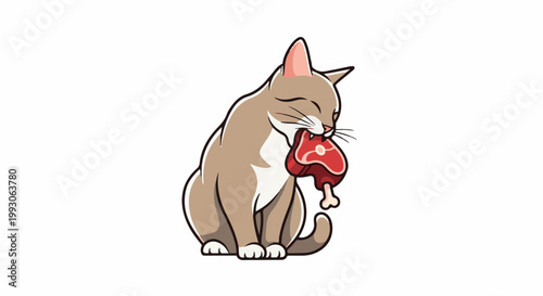 Adorable cat with closed eyes happily devours a juicy bone-in steak