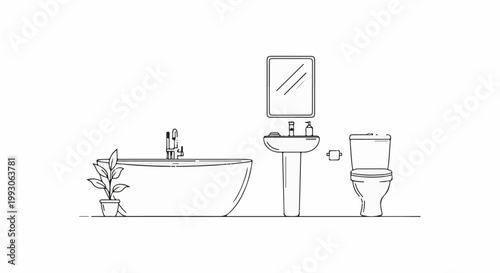Simple line art illustration of a clean bathroom with a tub, sink, and toilet