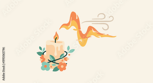 Lit candle with floral embellishment, flame disturbed by gentle wind