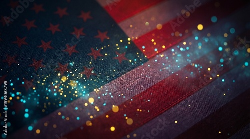 A detailed American flag is illuminated by vibrant blue and gold sparkling light particles creating a patriotic and festive atmosphere