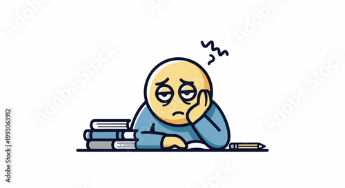 Tired, bored cartoon character with head resting on hand, sitting at desk with books