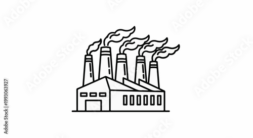 Black and white illustration of a factory with smokestacks emitting smoke