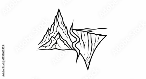 Jagged, stylized peaks and a sharp cliff edge drawn in bold black lines