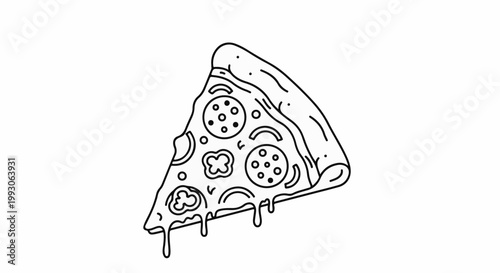 Hand-drawn outline of a dripping slice of pepperoni and pepper pizza