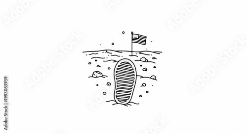 Footprint on lunar surface with flag and rocks