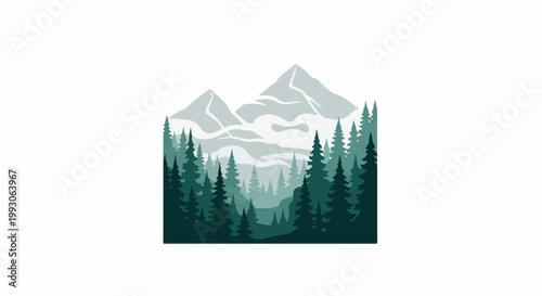 Stylized evergreen forest with distant, misty mountains