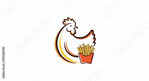 Stylized chicken with a serving of french fries in a red container