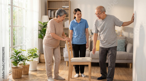 Older couple practices balance exercise with caregiver using chair support in living room showing home rehabilitation fall prevention mobility training active aging care assistance